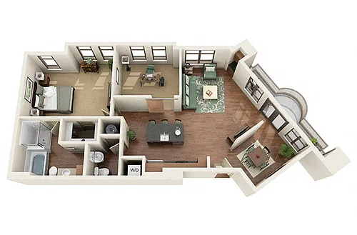 Floor plan Uptown 1 Bedroom 1.5 Bath