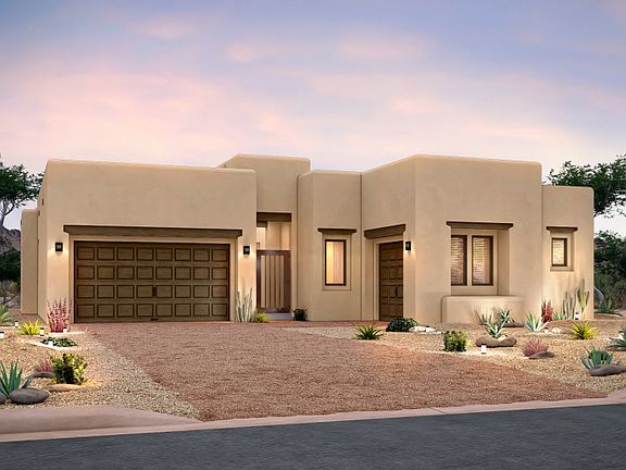 The Catalina home exterior A with full front yard landscaping and suitable Santa Fe style color opti