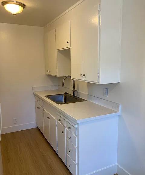 New kitchen counters with new stainless steel sink and new faucet