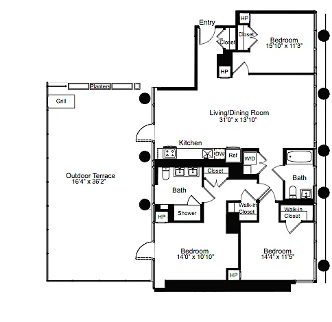 Floor plan Three Bedroom A 14 with Terrace