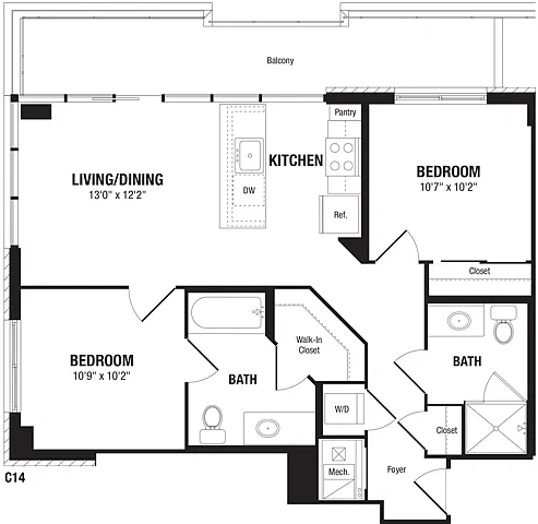 Floor plan 2 Bedroom, 2 Bath 841 SF C14
