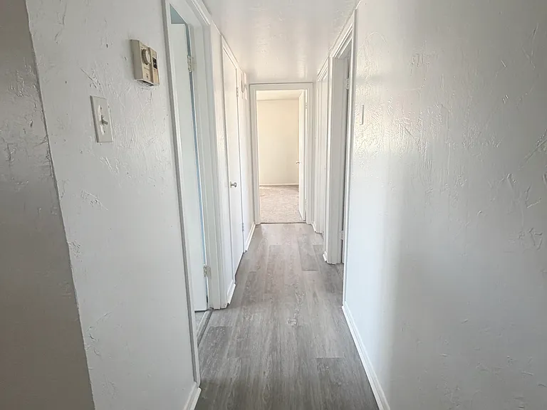 The hallway features new gray slate flooring and provides convenient access to the bedrooms and bathrooms.