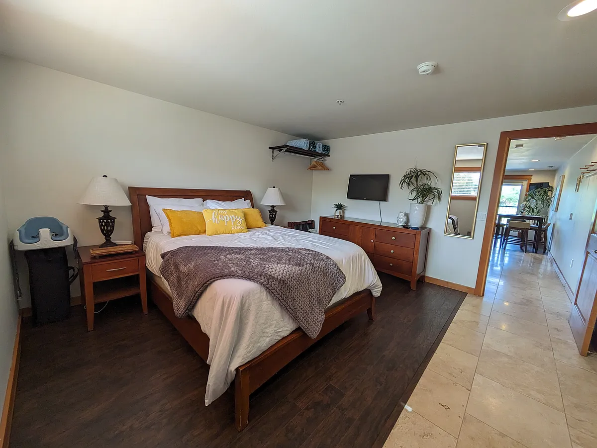 Large bedroom with queen sized bed, smart TV, large dresser, and blackout blinds. - 420 W Manson Rd #9