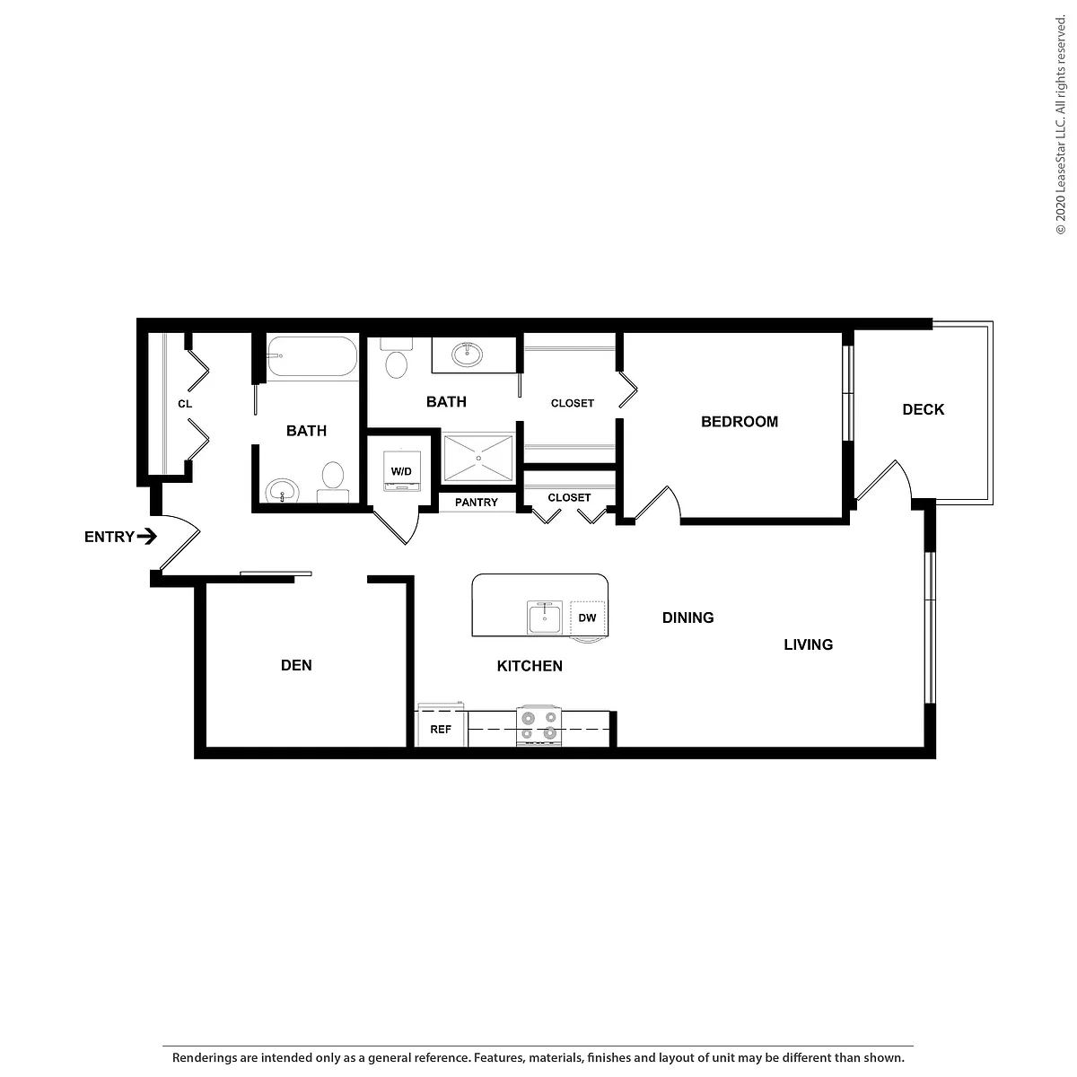 Floor plan One Bedroom Two Bath with Den D