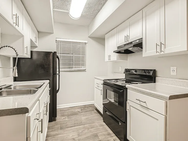 Modern kitchen with sleek black appliances and elegant white cabinetry.