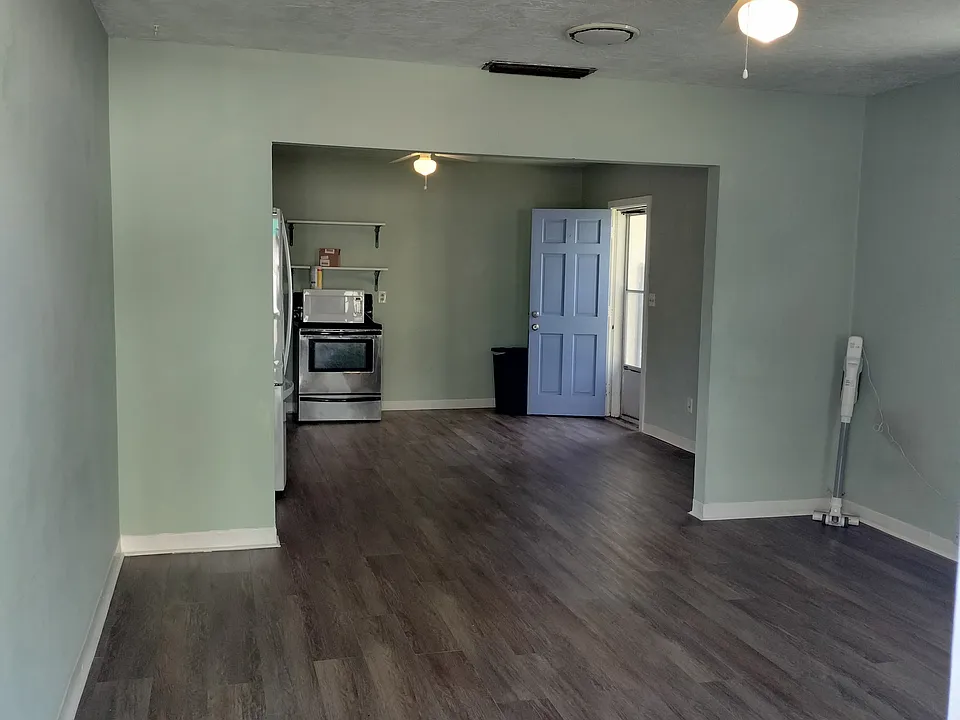 view from living room into kitchen