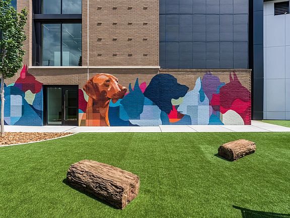 Colorful art meets community connection in this fenced dog park with turf, agility features, and a vibrant mural backdrop.
