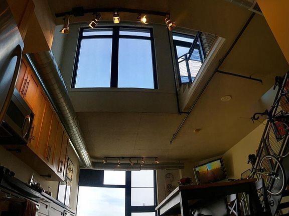 Looking up from the kitchen