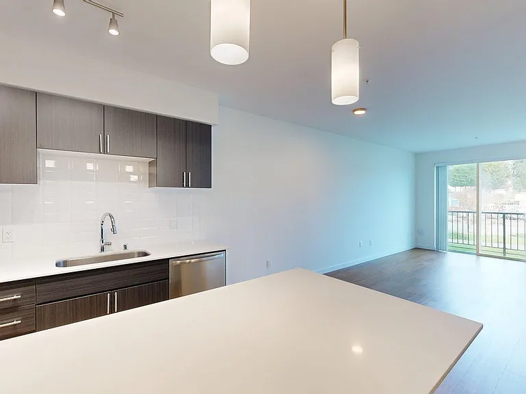 Apartment Kitchen with Stainless Steel Appliances, Dining and Living Room with Wood-Style Flooring.