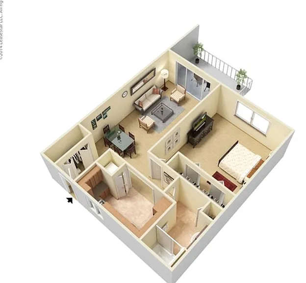 Charming 3D apartment floor plan showcasing a cozy living room, dining area, and a spacious bedroom with a balcony. Charming 3D apartment floor plan showcasing a cozy living room, dining area, and a spacious bedroom with a balcony.
