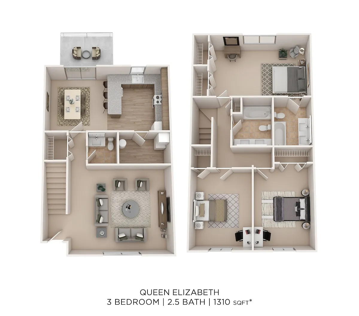Floor plan Queen Elizabeth 3Bed 2.5Bath 1310sqft