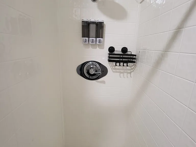 Stall style shower with overhead rain showerhead. Space saving dispenser for shampoo, conditioner, and bodywash is included.