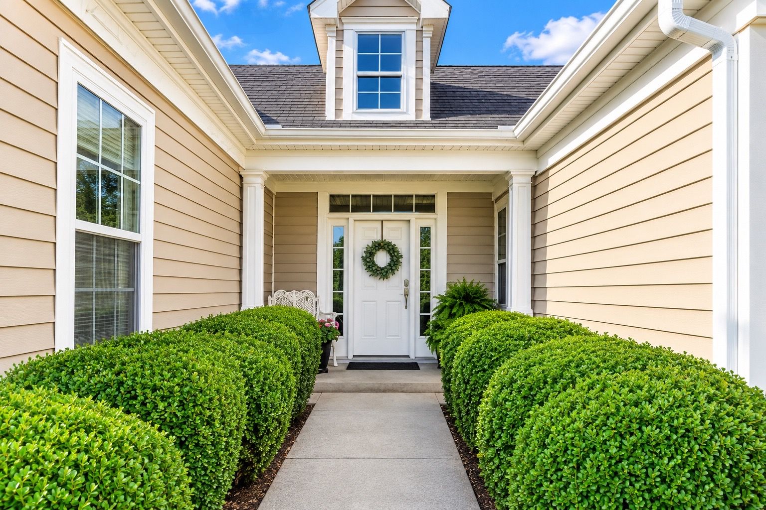  Covered entry framed by manicured Boxwoods
