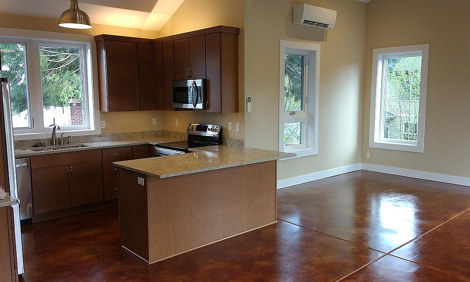 Kitchen and living room.