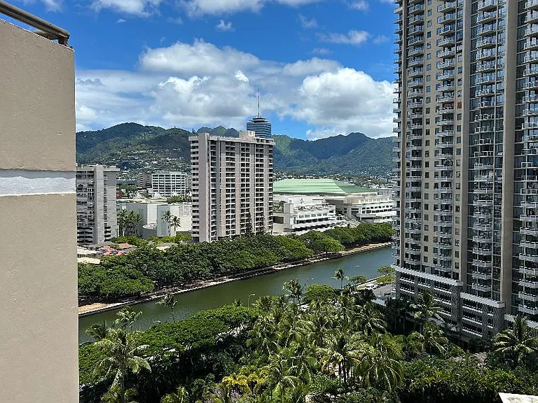 Mountain view from the Mountainside Patio. That's Manoa Valley in the background and the Ala Wai Canal next to the Hawaii Convention Center.