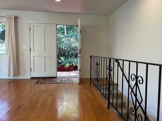 Walking out the front door, stairs to lower level on the right.