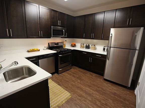 Espresso Wood Cabinets, Quartz Countertops, Stainless Applia