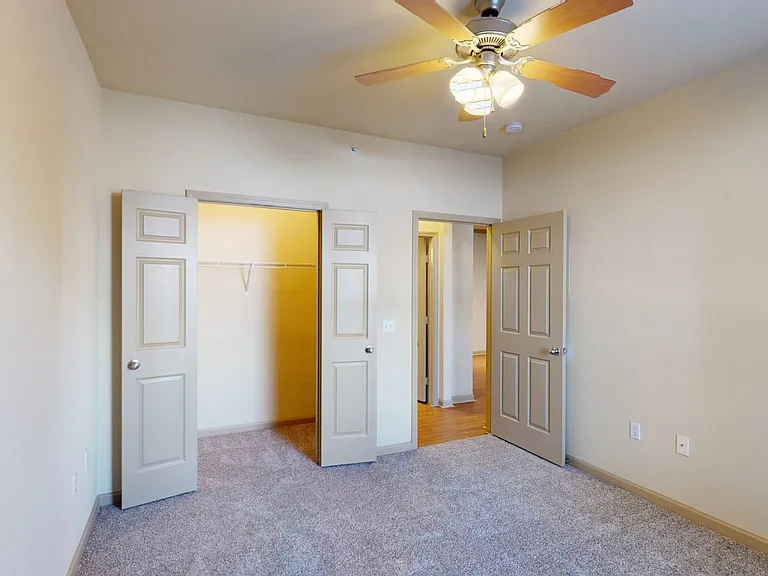 Spacious apartment bedroom with plush carpet flooring.