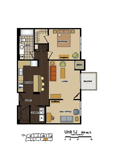 Floor plan 1J- One bedroom plus den