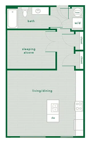 Floor plan 0 Bed 1 Bath with Den - 645 Sq. Ft