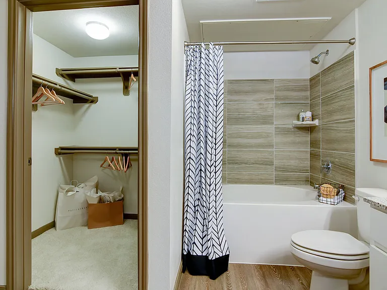 Upgraded Bathroom with Tile Surround Tub & Large Closet at Park at Rialto Apartments, San Antonio