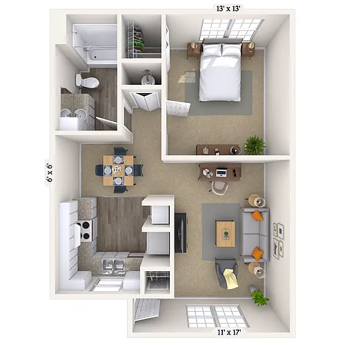 Floor plan 1BR 1BA (677 SF)