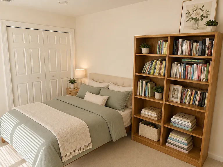 **Bedroom 2**
A cozy bedroom with a comfortable queen-size bed, and bookshelf, creating a peaceful retreat for a restful stay. also included a dedicated workspace with a desk, monitor, and printer_perfect for remote work.