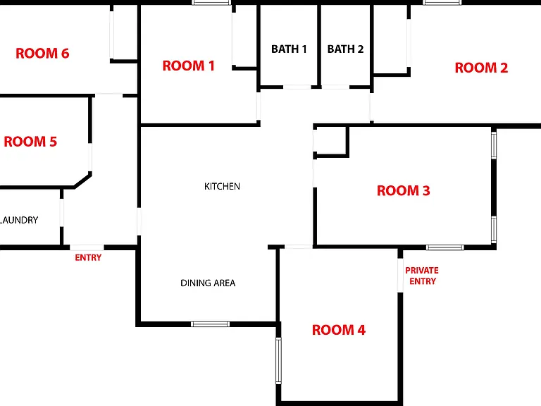 Home layout with bedrooms, two baths, central kitchen and dining area, plus FREE laundry