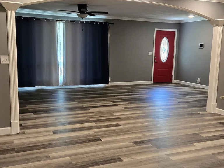 Dining area looking into living room