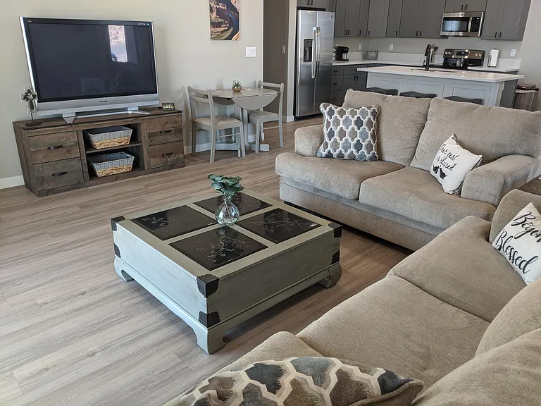 Large living room with patio doors