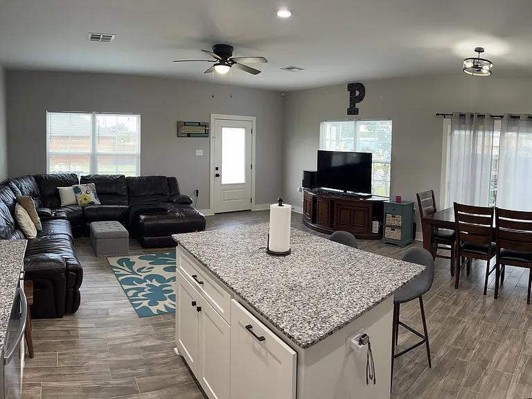 living room, kitchen, and dining room