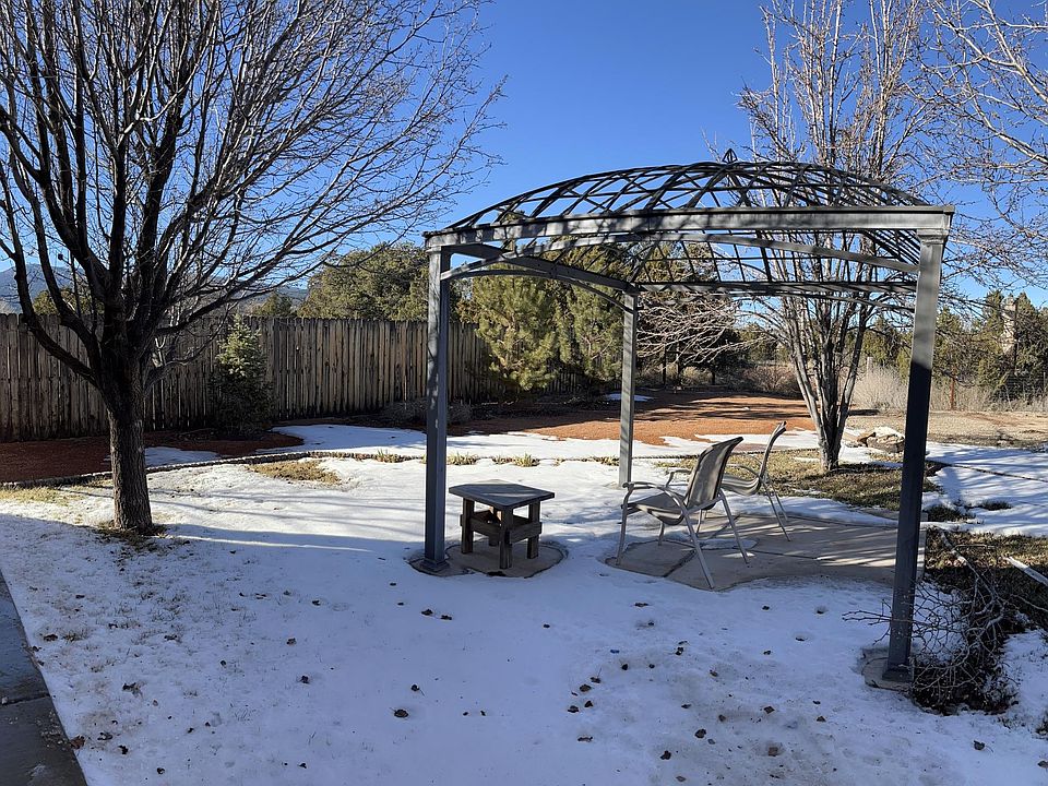 Backyard with sitting area. Lots of green in the summer - grass and 3 mature trees.