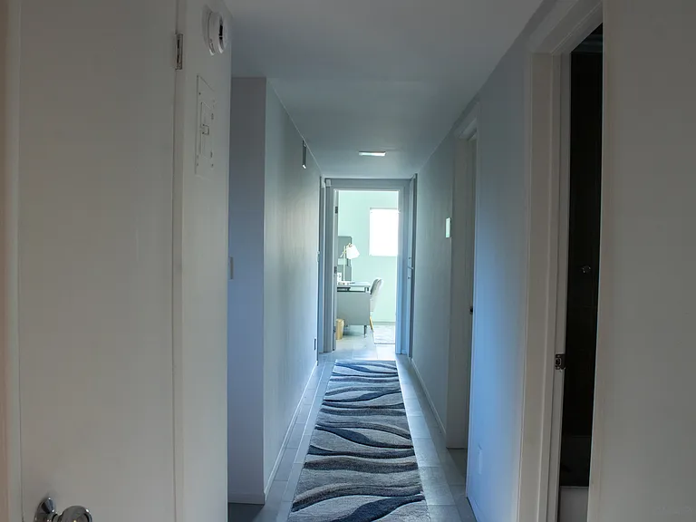 Long Hall, leading to 4 bedrooms, coat closet, linen closet, hall full bathroom, new chrome knobs w/ mid century clean design