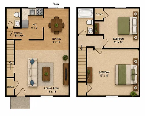 Floor plan Two Bedroom 1.5 Bath Townhome