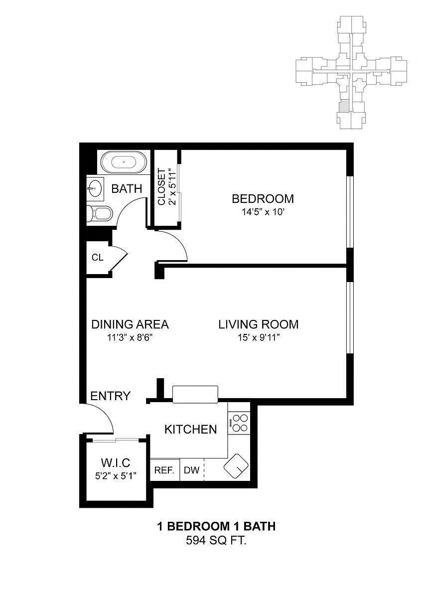 Floor plan 1 Bdrm 594 Sq Ft
