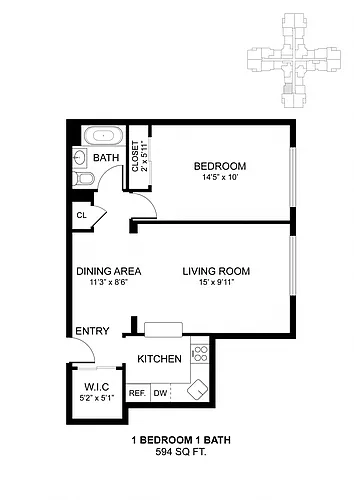 Floor plan 1 Bdrm 594 Sq Ft
