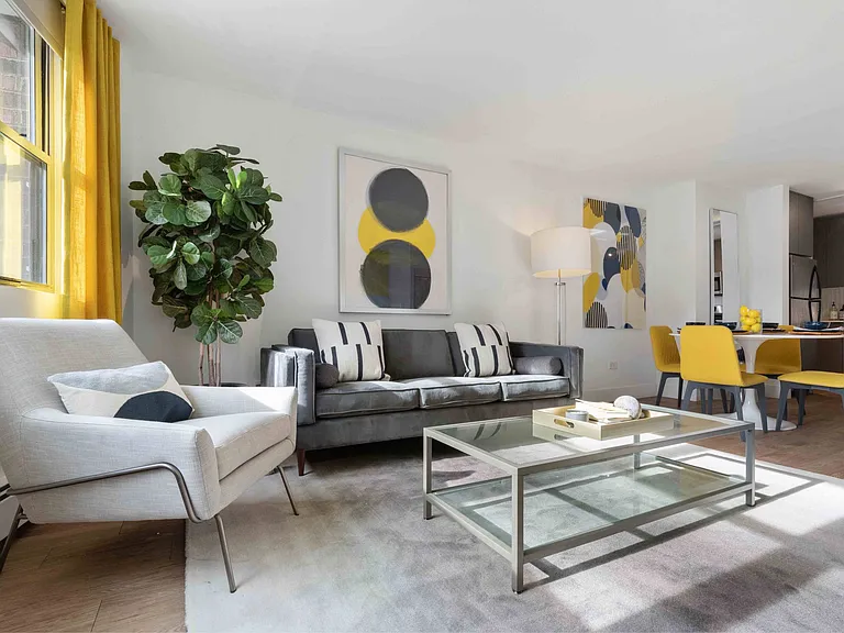 Sun-filled living room and dining nook