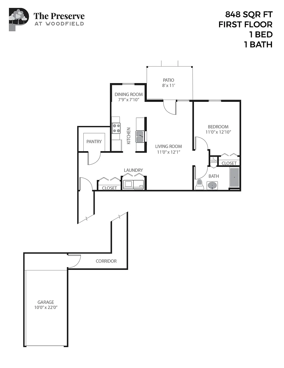 Floor plan 1 Bedroom 1 Bath (848 Sq. Ft.)