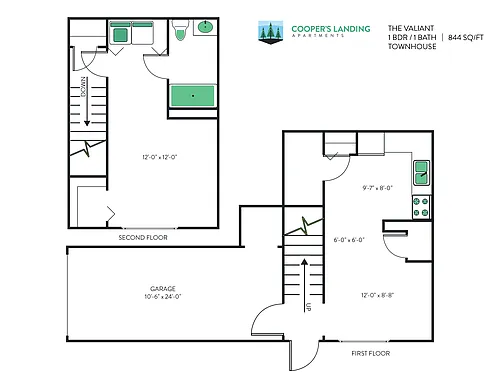 Floor plan 1 Bed, 1.5 Bath - 844 sq ft