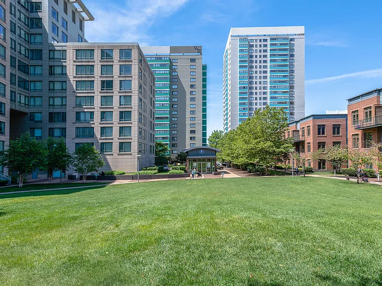 Surrounded by open lawn spaces.