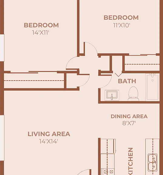 2 Bedrooms, 1 Bath Floor Plan 2 Bedrooms, 1 Bath Floor Plan