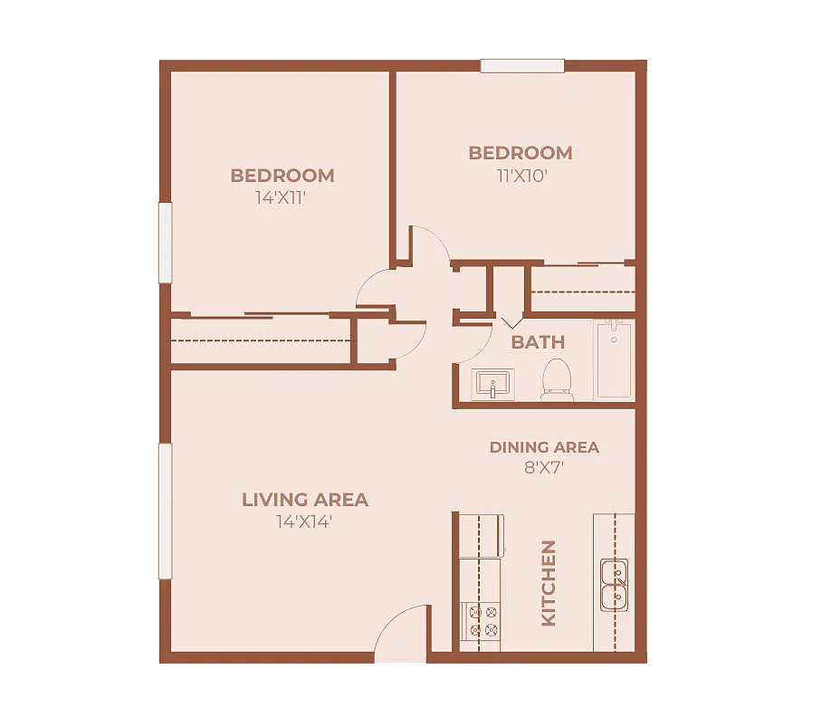 Floor plan 2 Bedroom, 1 Bath