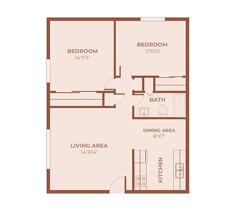 Floor plan 2 Bedroom, 1 Bath