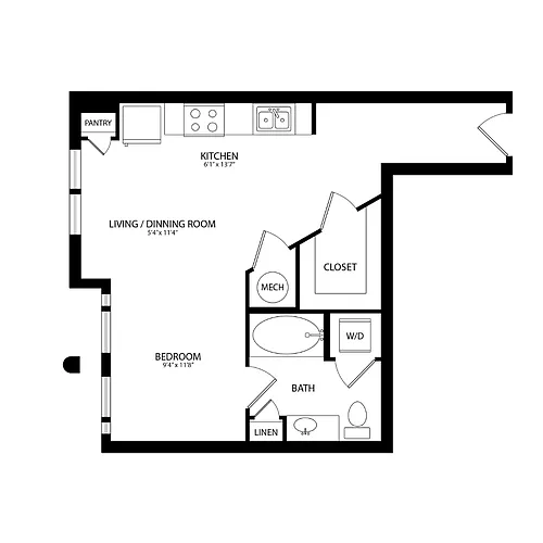 Floor plan Studio, 1 Bath 541 SF S2C