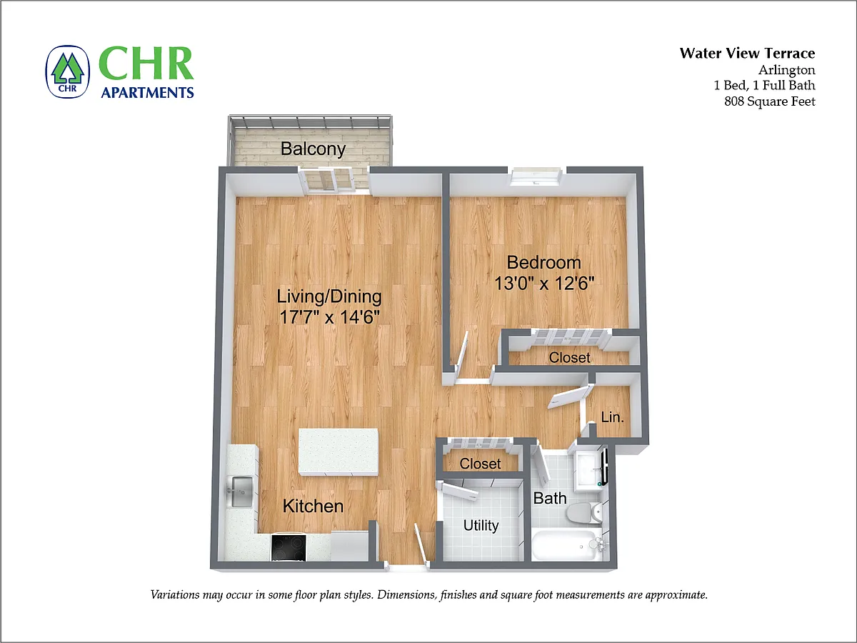 Floor plan 1 Bed/1 Bath with Balcony and Extra Closets