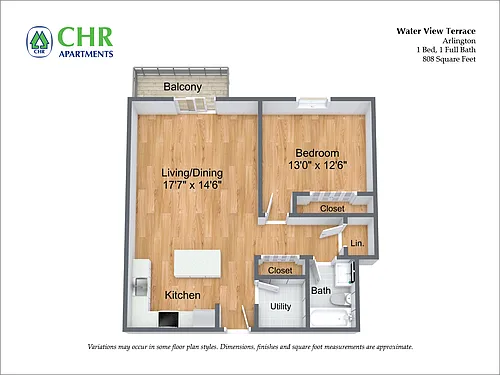 Floor plan 1 Bed/1 Bath with Balcony and Extra Closets