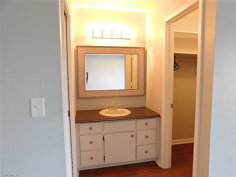 Closer view of sink area with shower room on left and closet on right.