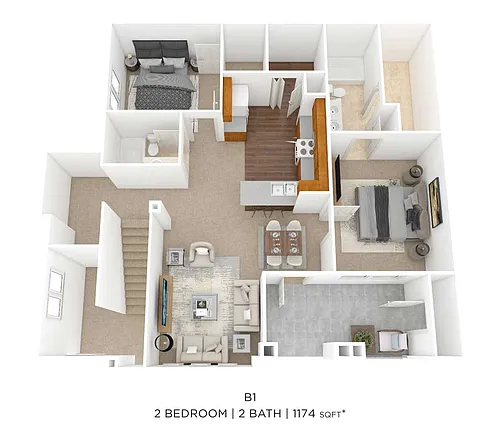 Floor plan Two Bedroom 2 Bath- 1174 sqft
