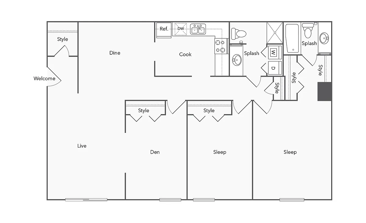 Floor plan 2 Bed 2 Bath with Washer Dryer & Den