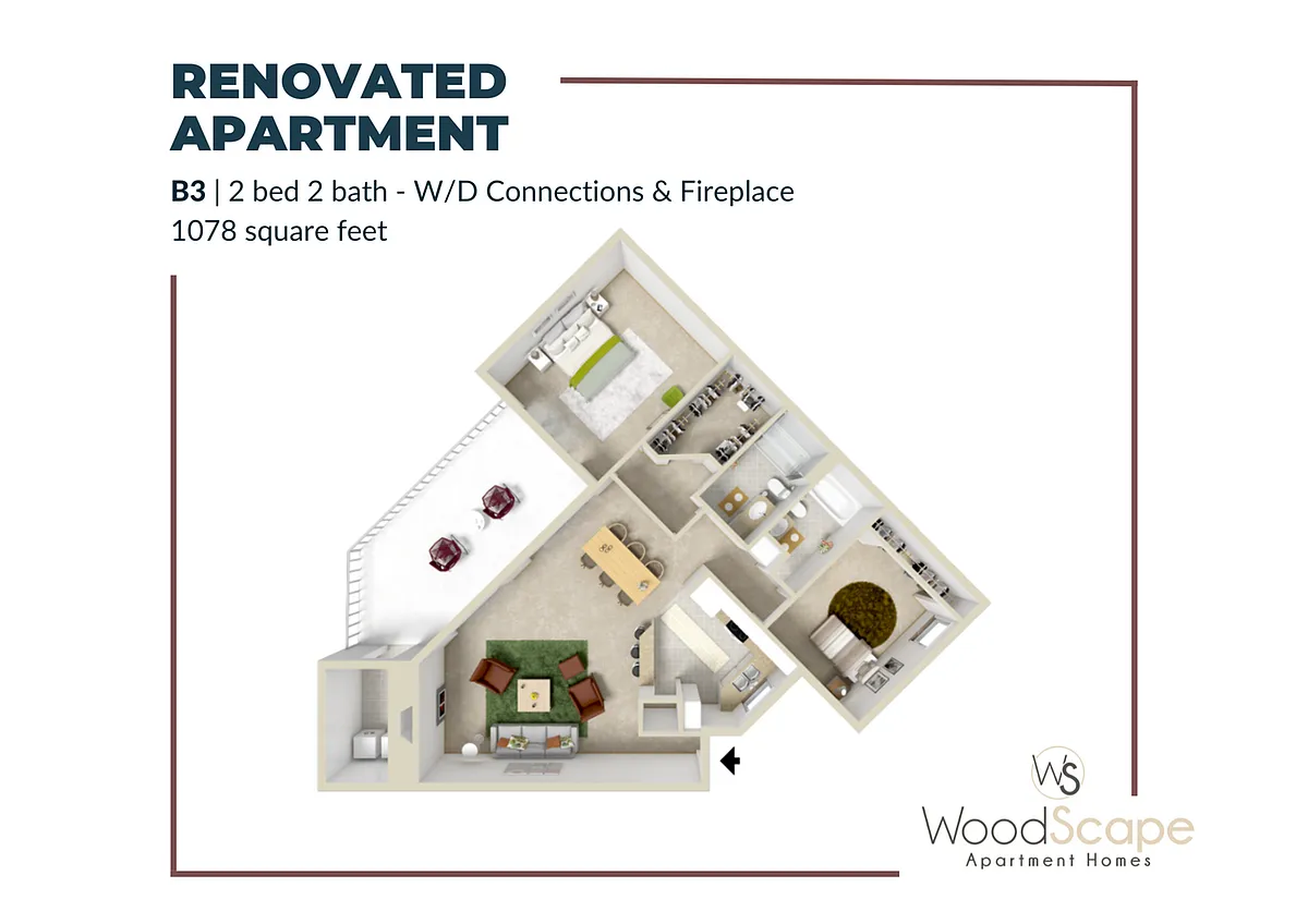 Floor plan B3 (W/D Connections and Fireplace) Renovated